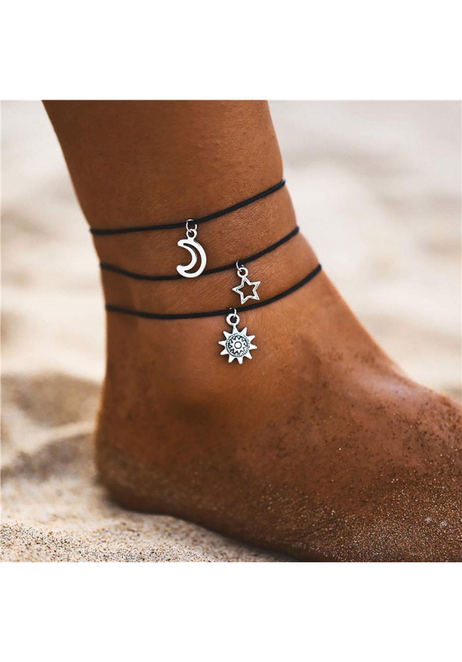 Vintage Star Moon Sun Anklets Woven Anklet Bracelets Multi-layer Chain Beach Accessories Foot Jewelry Adjustable for Women Gi...