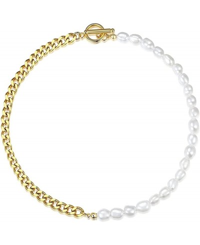 Pearl Necklace 18K Gold Handmade Pearl Choker Cuban Link Chain for Women Girls $19.98 Chokers