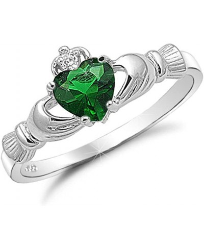 Ladies Womens Silver Plated Ring Green Heart CZ Stone Crown Hollow Pattern Retro Wedding Band $11.37 Promise Rings