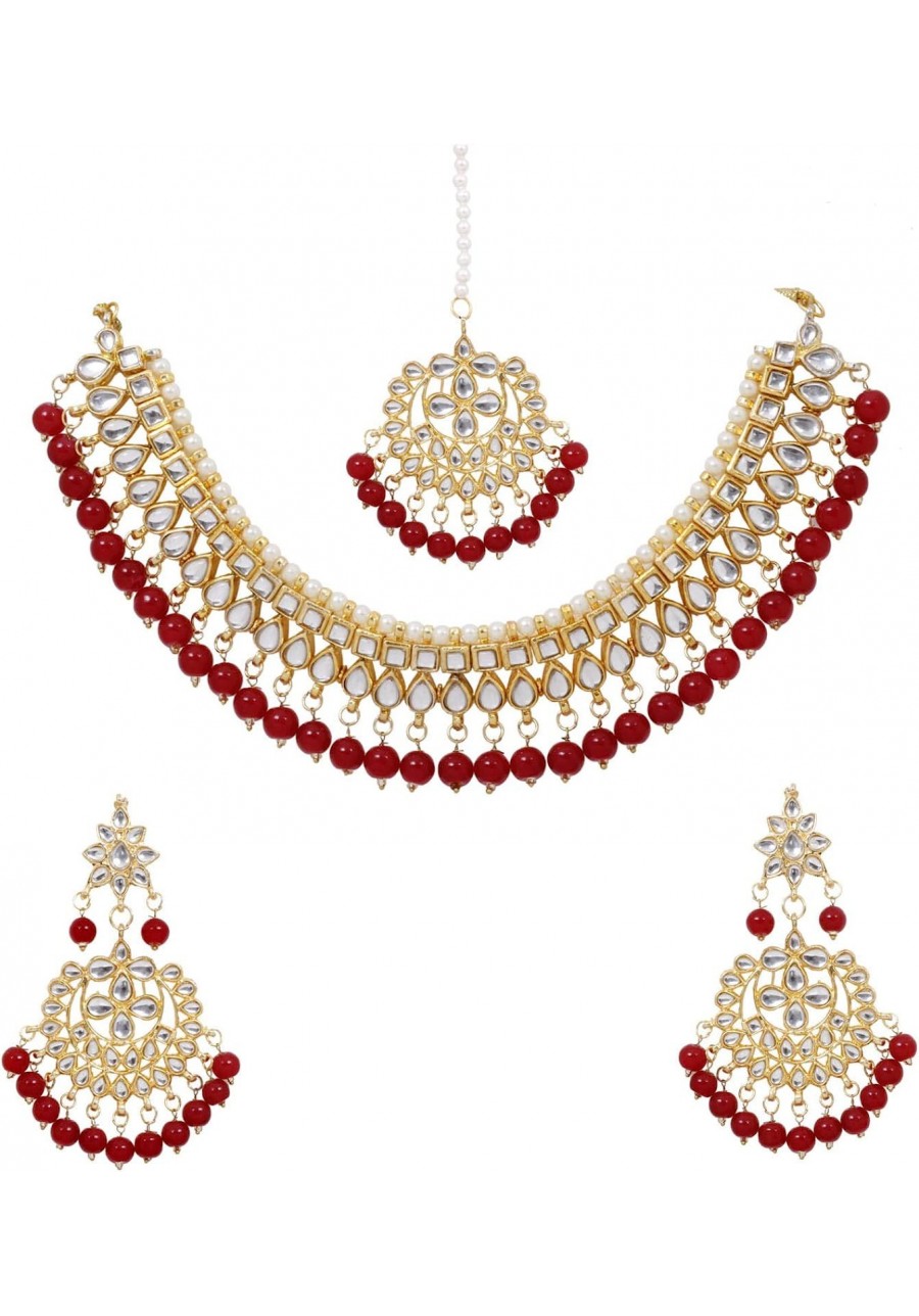 Jewellery Indian Bollywood Ethnic Gold Plated Traditional Ethnic Red Bridal Choker Necklace Set with Earrings for Women $24.9...