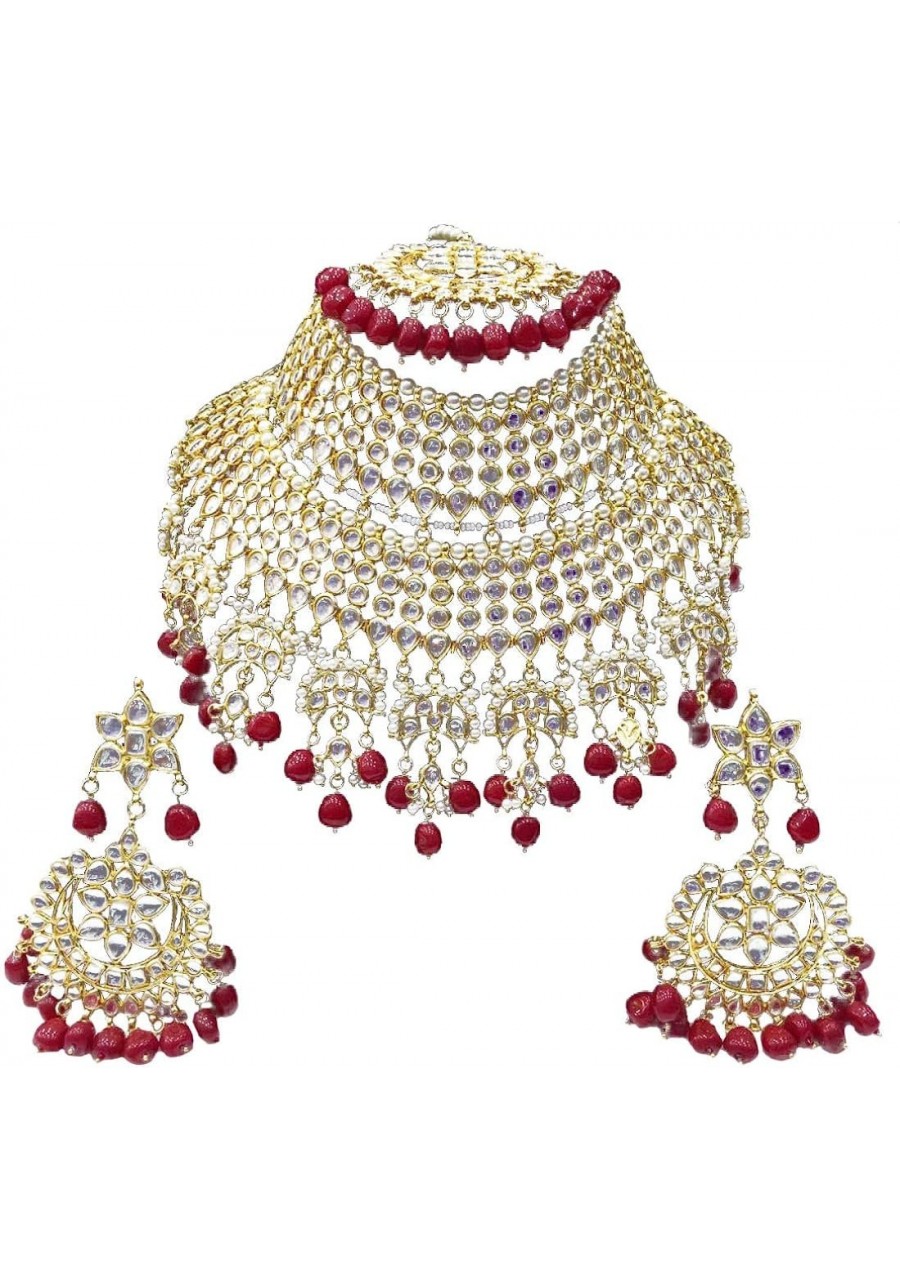 Kundan Heavy Bridal Wedding Designer Gold Plated Latest Red Pearls Necklace Jewelry for women $36.03 Jewelry Sets