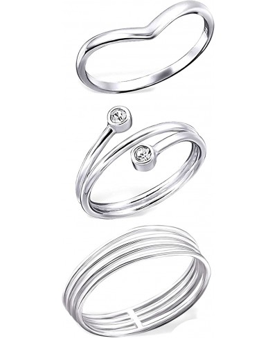 925 Sterling Silver Set of 3 Pointed Double Crystal Four Connected Above Knuckle Ring Mid Finger Top $21.00 Stacking