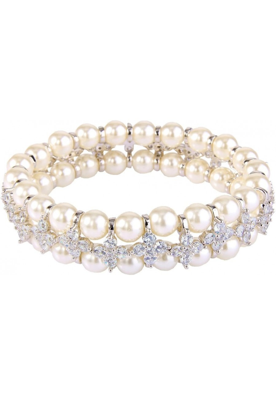 Women's CZ Cream Simulated Pearl 2 Layers Floral Elastic Stretch Bracelet Clear Silver-Tone $24.37 Jewelry Sets