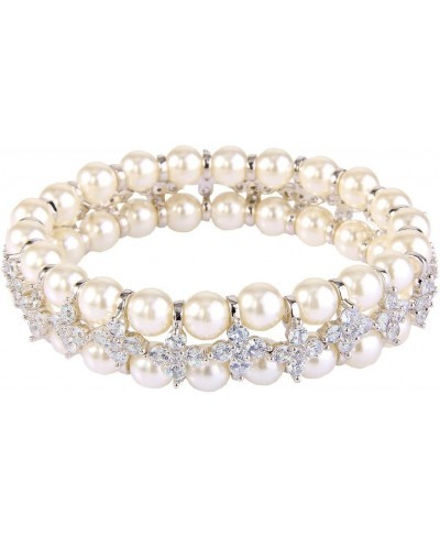 Women's CZ Cream Simulated Pearl 2 Layers Floral Elastic Stretch Bracelet Clear Silver-Tone $24.37 Jewelry Sets