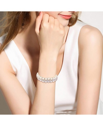 Women's CZ Cream Simulated Pearl 2 Layers Floral Elastic Stretch Bracelet Clear Silver-Tone $24.37 Jewelry Sets