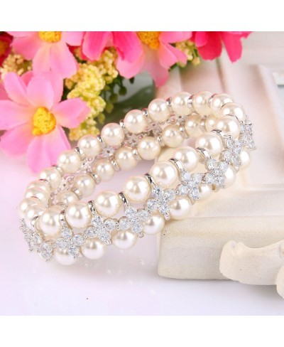 Women's CZ Cream Simulated Pearl 2 Layers Floral Elastic Stretch Bracelet Clear Silver-Tone $24.37 Jewelry Sets