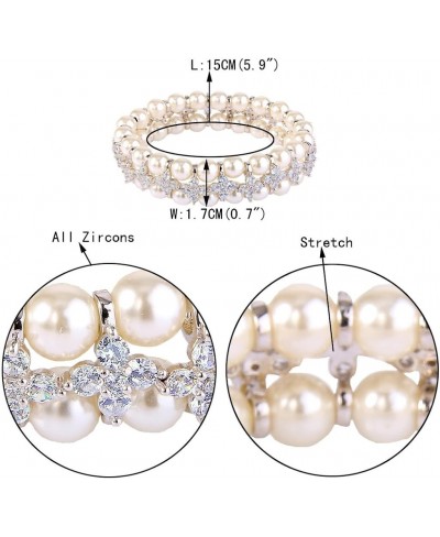 Women's CZ Cream Simulated Pearl 2 Layers Floral Elastic Stretch Bracelet Clear Silver-Tone $24.37 Jewelry Sets