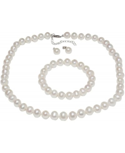 925 Sterling Silver Cultured Freshwater White Pearl Necklace Earrings Bracelet Bridal Gift Set $52.02 Jewelry Sets