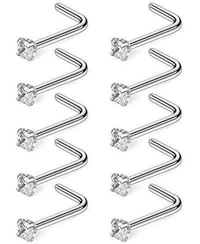 3PCS Pack of 9ct Solid White Gold Claw Set CZ Crystal Stone 22 Gauge L Shape Nose Stud Piercing Jewelry $16.45 Piercing Jewelry