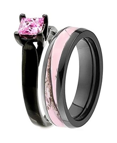 Pink Womens Black Camo Wedding Rings Set Stainless Steel Engagement Rings $38.76 Wedding Bands