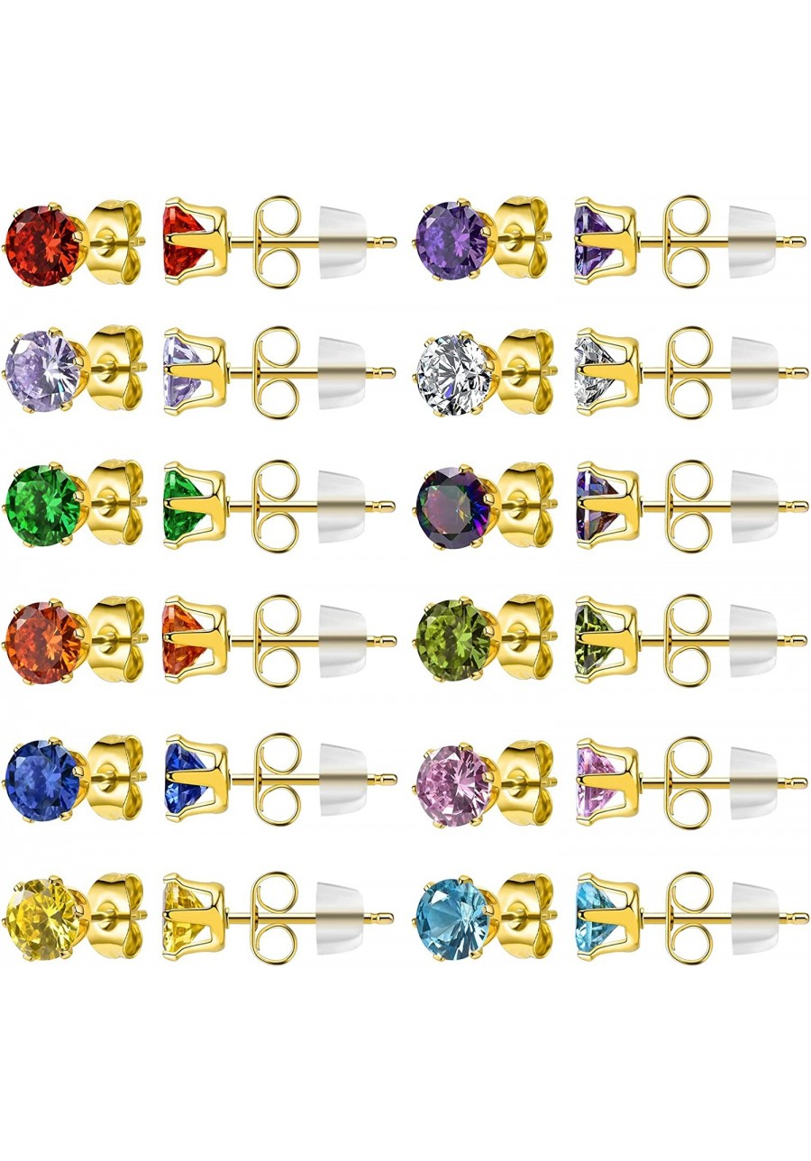 14K Gold Plated Birthstone Stud Earrings 316L Stainless Steel CZ Stud Earrings for Women Coloful Round Cubic Zirconia Stud Ea...