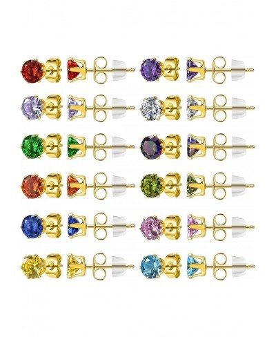 14K Gold Plated Birthstone Stud Earrings 316L Stainless Steel CZ Stud Earrings for Women Coloful Round Cubic Zirconia Stud Ea...