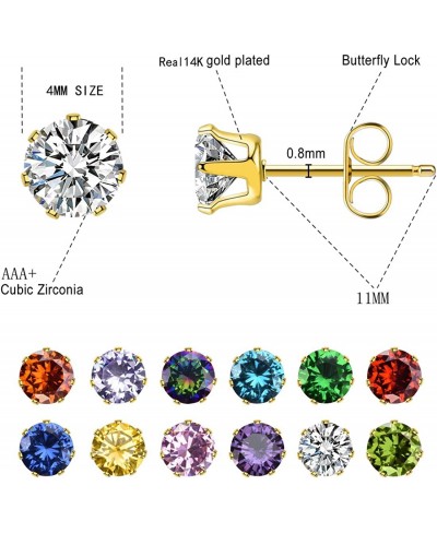 14K Gold Plated Birthstone Stud Earrings 316L Stainless Steel CZ Stud Earrings for Women Coloful Round Cubic Zirconia Stud Ea...