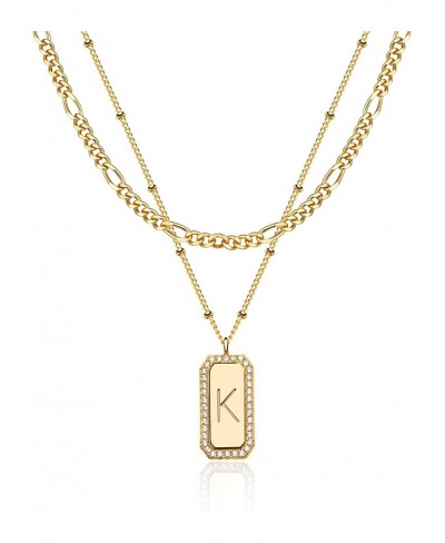 Necklace for Women Gold Figaro Chain Choker Layered Set Initial Bar Rectangle Pendant CZ 2 Layer 14K Gold Filled Simple Daint...