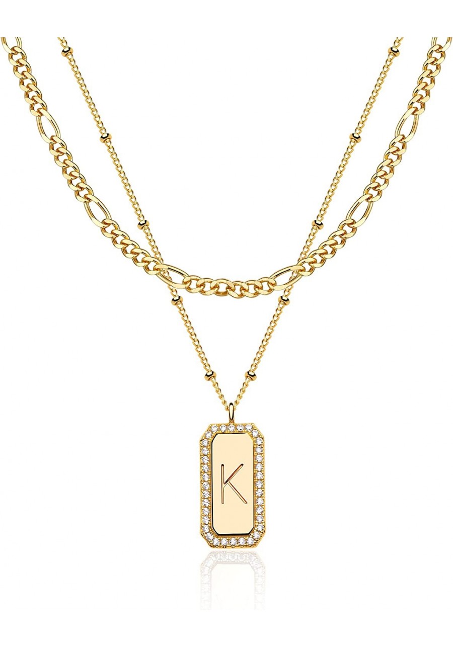 Necklace for Women Gold Figaro Chain Choker Layered Set Initial Bar Rectangle Pendant CZ 2 Layer 14K Gold Filled Simple Daint...