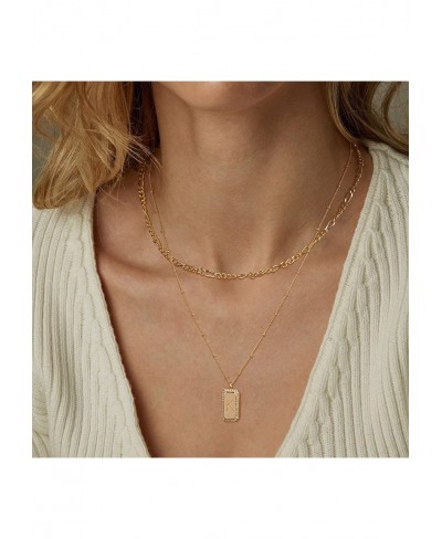 Necklace for Women Gold Figaro Chain Choker Layered Set Initial Bar Rectangle Pendant CZ 2 Layer 14K Gold Filled Simple Daint...