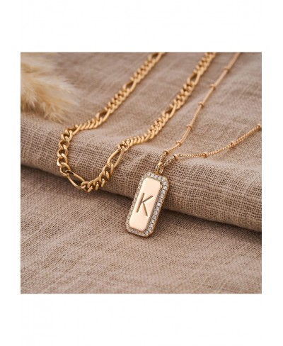 Necklace for Women Gold Figaro Chain Choker Layered Set Initial Bar Rectangle Pendant CZ 2 Layer 14K Gold Filled Simple Daint...