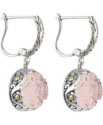 Pink Flower Gemstone Drop Dangle Earrings for Women Girls - Vintage Floral Emboss Pendants Ear Hook Hoop Earrings Wedding Jew...