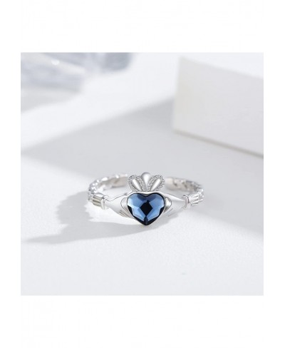 Celtic Knot Heart Crown Claddagh Rings For Women Sterling Silver With Blue Heart Crystal Irish Adjustable Wedding Band Finger...