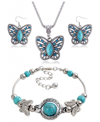 4 Pcs Turquoise Jewelry Set for Women Silver Boho Butterfly Necklace Earrings Bracelet Set Vintage Green Gemstone Earrings St...