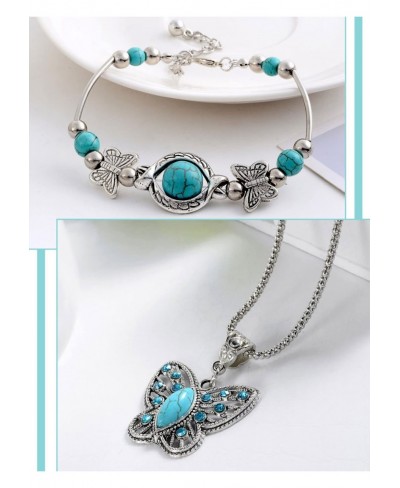 4 Pcs Turquoise Jewelry Set for Women Silver Boho Butterfly Necklace Earrings Bracelet Set Vintage Green Gemstone Earrings St...