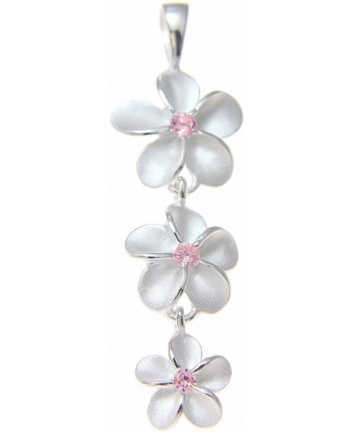 925 Sterling Silver Hawaiian 3 Plumeria Flower Dangle Pendant Pink cz $20.44 Pendant Necklaces