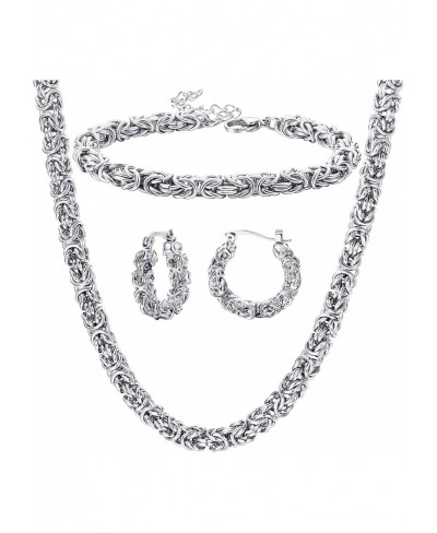 Stainless Steel Byzantine Chain Necklace Bracelet Earrings for Women Jewelry Set $15.87 Jewelry Sets