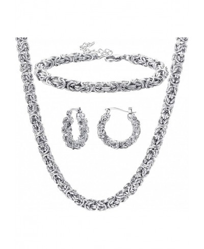 Stainless Steel Byzantine Chain Necklace Bracelet Earrings for Women Jewelry Set $15.87 Jewelry Sets