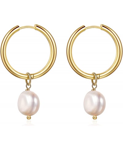 Gold Huggie Hoop Earrings Freshwater Pearl 18k Gold plated Drop Dangle Circle Hypoallergenic Lightweight Dainty Earrings for ...