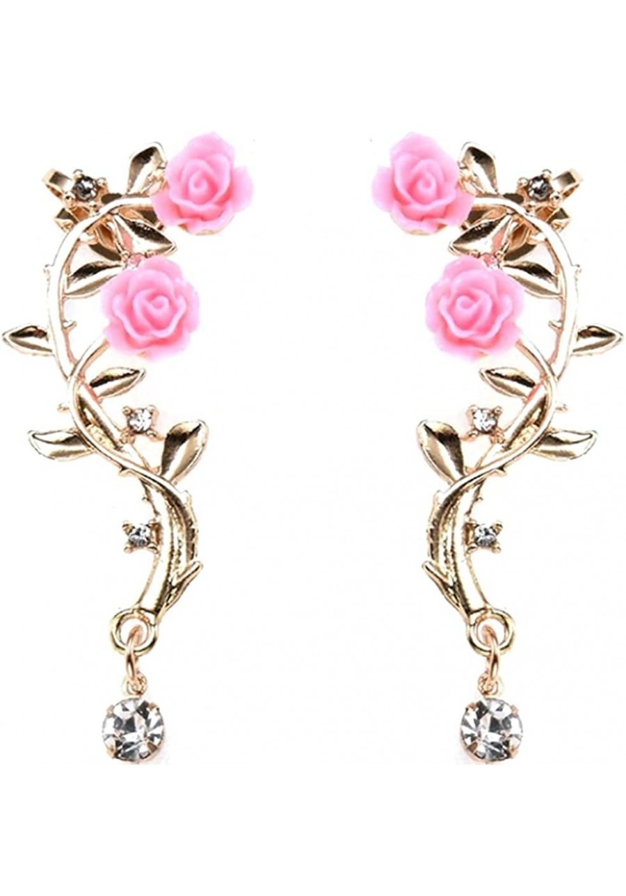 Retro Crystal Rose Flower Climbers Crawler Jacket Earrings Sparkly Metal Ear Cuff Wrap Clip Stud Earring Climber Top Ear Clip...