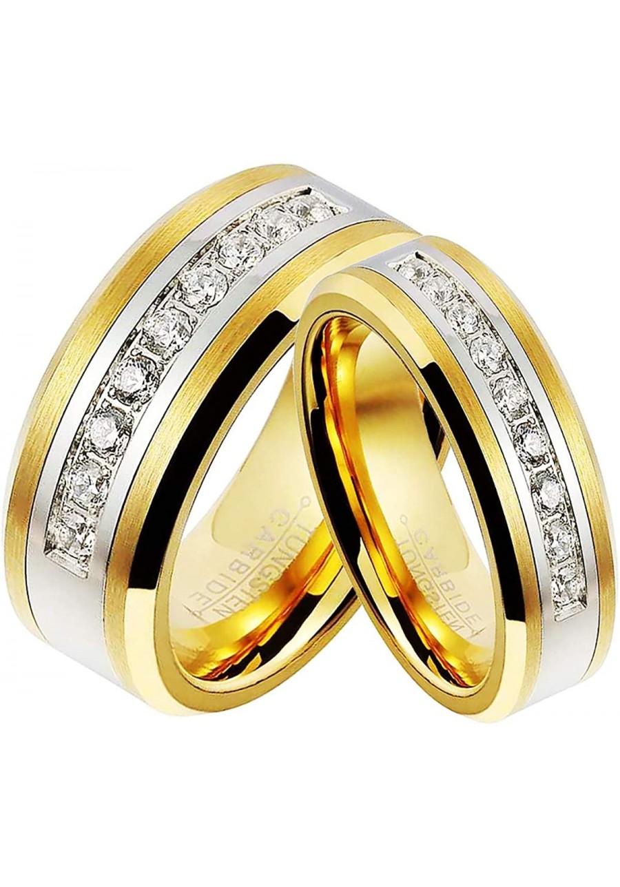 6/8mm Gold Plated Men Women Wedding Ring Tungsten Carbide Matching Ring CZ Inlay $23.38 Wedding Bands