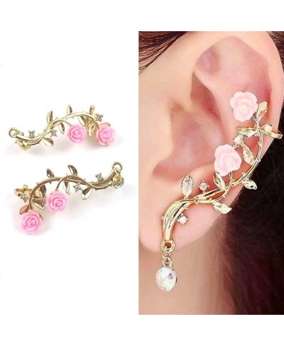 Retro Crystal Rose Flower Climbers Crawler Jacket Earrings Sparkly Metal Ear Cuff Wrap Clip Stud Earring Climber Top Ear Clip...