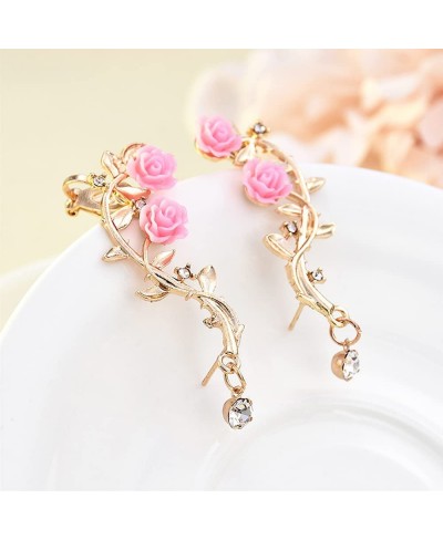 Retro Crystal Rose Flower Climbers Crawler Jacket Earrings Sparkly Metal Ear Cuff Wrap Clip Stud Earring Climber Top Ear Clip...