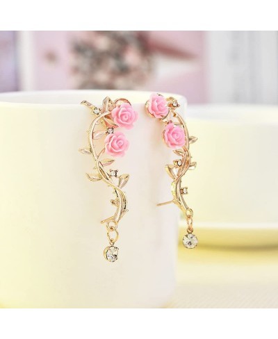 Retro Crystal Rose Flower Climbers Crawler Jacket Earrings Sparkly Metal Ear Cuff Wrap Clip Stud Earring Climber Top Ear Clip...