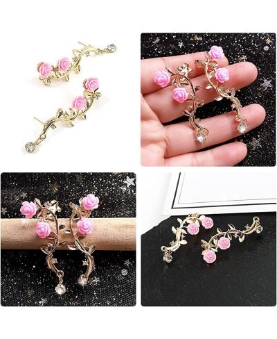 Retro Crystal Rose Flower Climbers Crawler Jacket Earrings Sparkly Metal Ear Cuff Wrap Clip Stud Earring Climber Top Ear Clip...