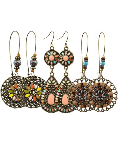 4 Pairs Vintage Bohemian Drop Dangle Earrings Retro Statement Rhinestone Earrings Boho National Style Hollow Earrings for Wom...