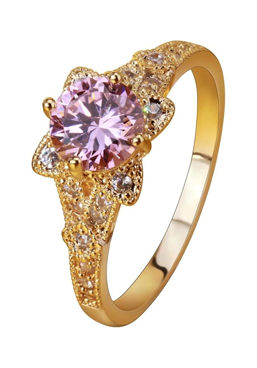 Gold Plated Round Pink CZ Gemstone Flower Wedding Band Engagement Ring Set Eternity Band $17.15 Engagement Rings