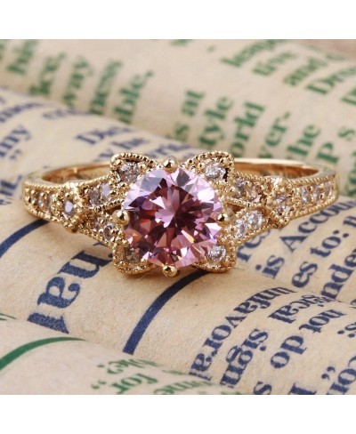 Gold Plated Round Pink CZ Gemstone Flower Wedding Band Engagement Ring Set Eternity Band $17.15 Engagement Rings