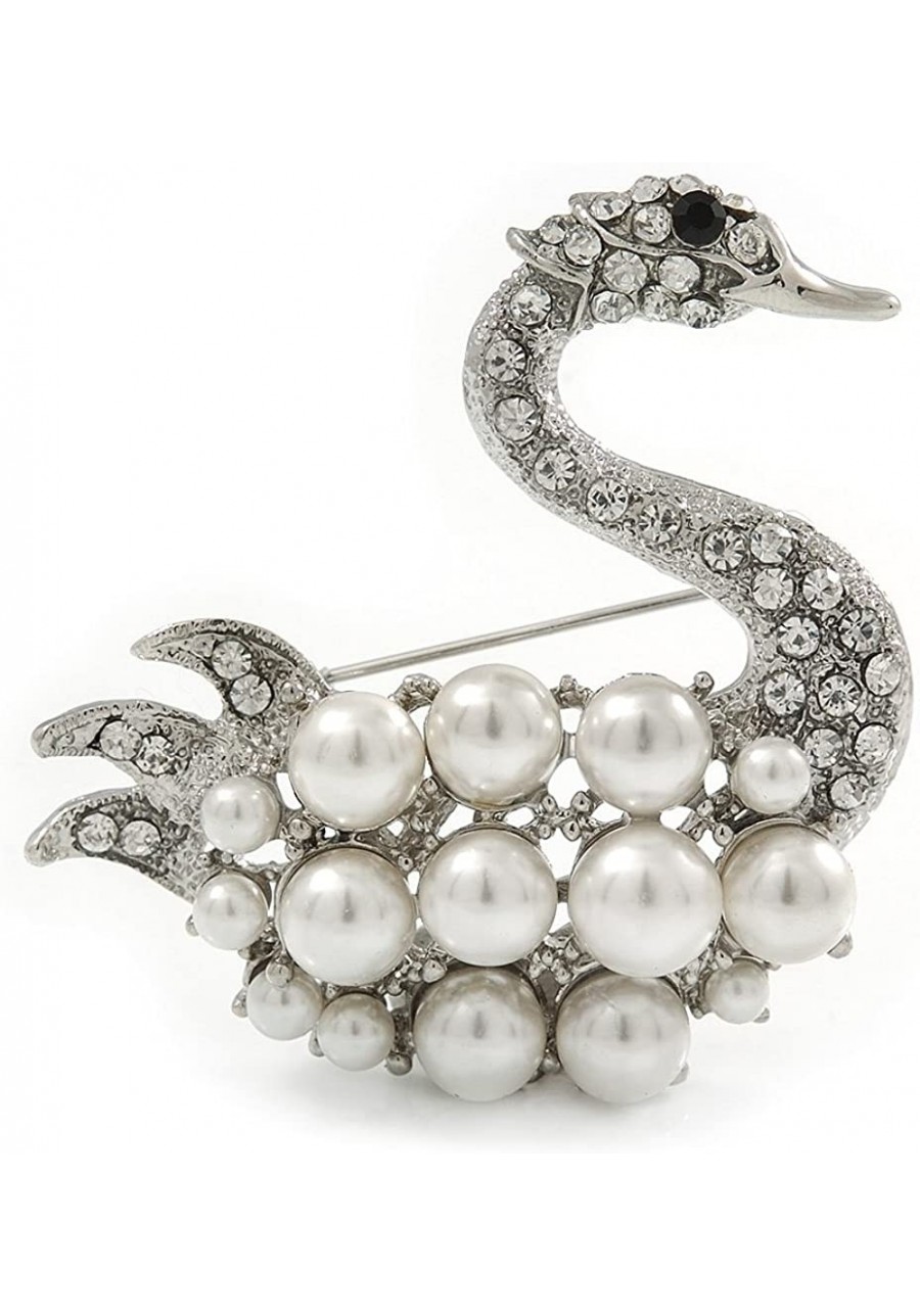 Clear Crystal White Glass Pearl Swan Brooch in Rhodium Plating - 45mm $23.43 Brooches & Pins