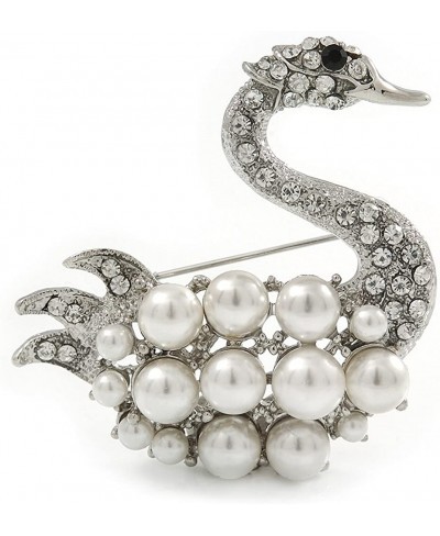 Clear Crystal White Glass Pearl Swan Brooch in Rhodium Plating - 45mm $23.43 Brooches & Pins