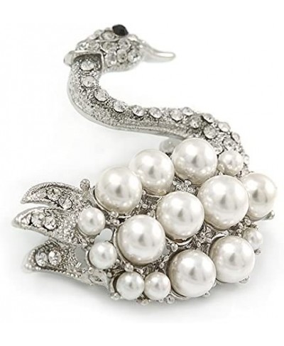 Clear Crystal White Glass Pearl Swan Brooch in Rhodium Plating - 45mm $23.43 Brooches & Pins