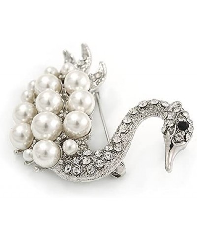 Clear Crystal White Glass Pearl Swan Brooch in Rhodium Plating - 45mm $23.43 Brooches & Pins