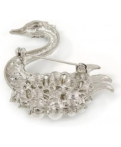 Clear Crystal White Glass Pearl Swan Brooch in Rhodium Plating - 45mm $23.43 Brooches & Pins