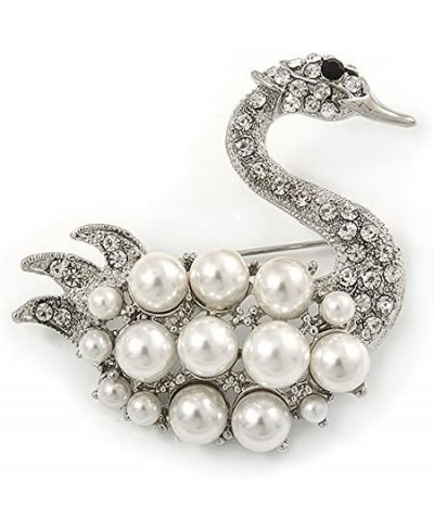 Clear Crystal White Glass Pearl Swan Brooch in Rhodium Plating - 45mm $23.43 Brooches & Pins