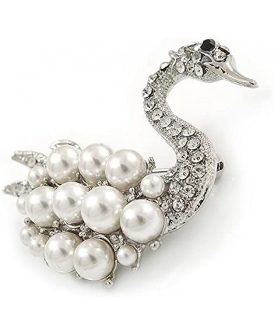 Clear Crystal White Glass Pearl Swan Brooch in Rhodium Plating - 45mm $23.43 Brooches & Pins