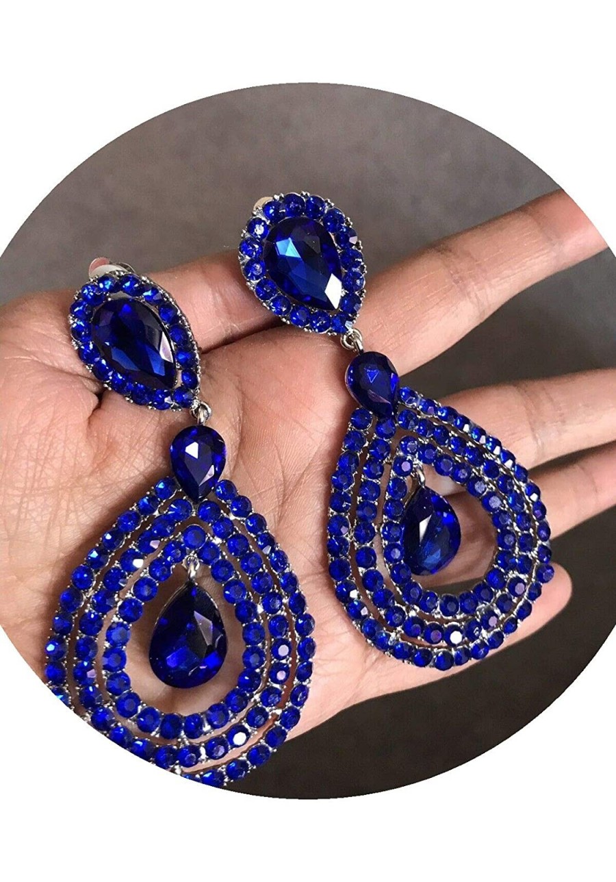 3.75" Long Rhinestone Royal Blue Gold Pageant Wedding Crystal Earrings Clip On $26.51 Clip-Ons