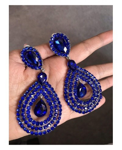 3.75" Long Rhinestone Royal Blue Gold Pageant Wedding Crystal Earrings Clip On $26.51 Clip-Ons