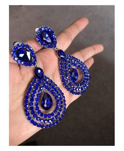 3.75" Long Rhinestone Royal Blue Gold Pageant Wedding Crystal Earrings Clip On $26.51 Clip-Ons