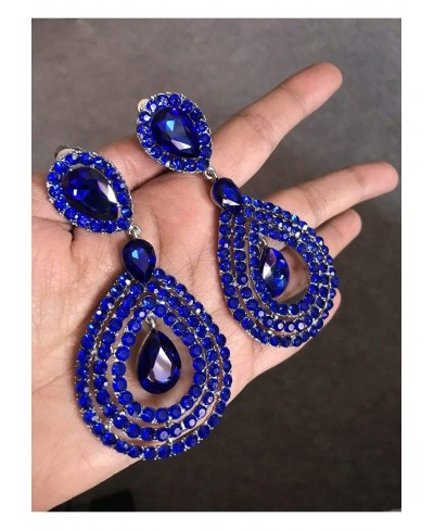 3.75" Long Rhinestone Royal Blue Gold Pageant Wedding Crystal Earrings Clip On $26.51 Clip-Ons