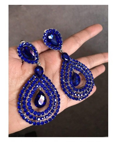 3.75" Long Rhinestone Royal Blue Gold Pageant Wedding Crystal Earrings Clip On $26.51 Clip-Ons